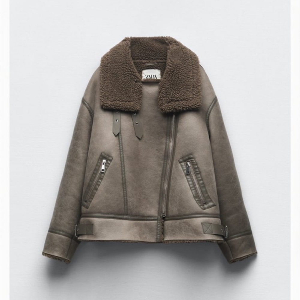 Zara Double Faced Moto Aviator Jacket M Faux Shearling